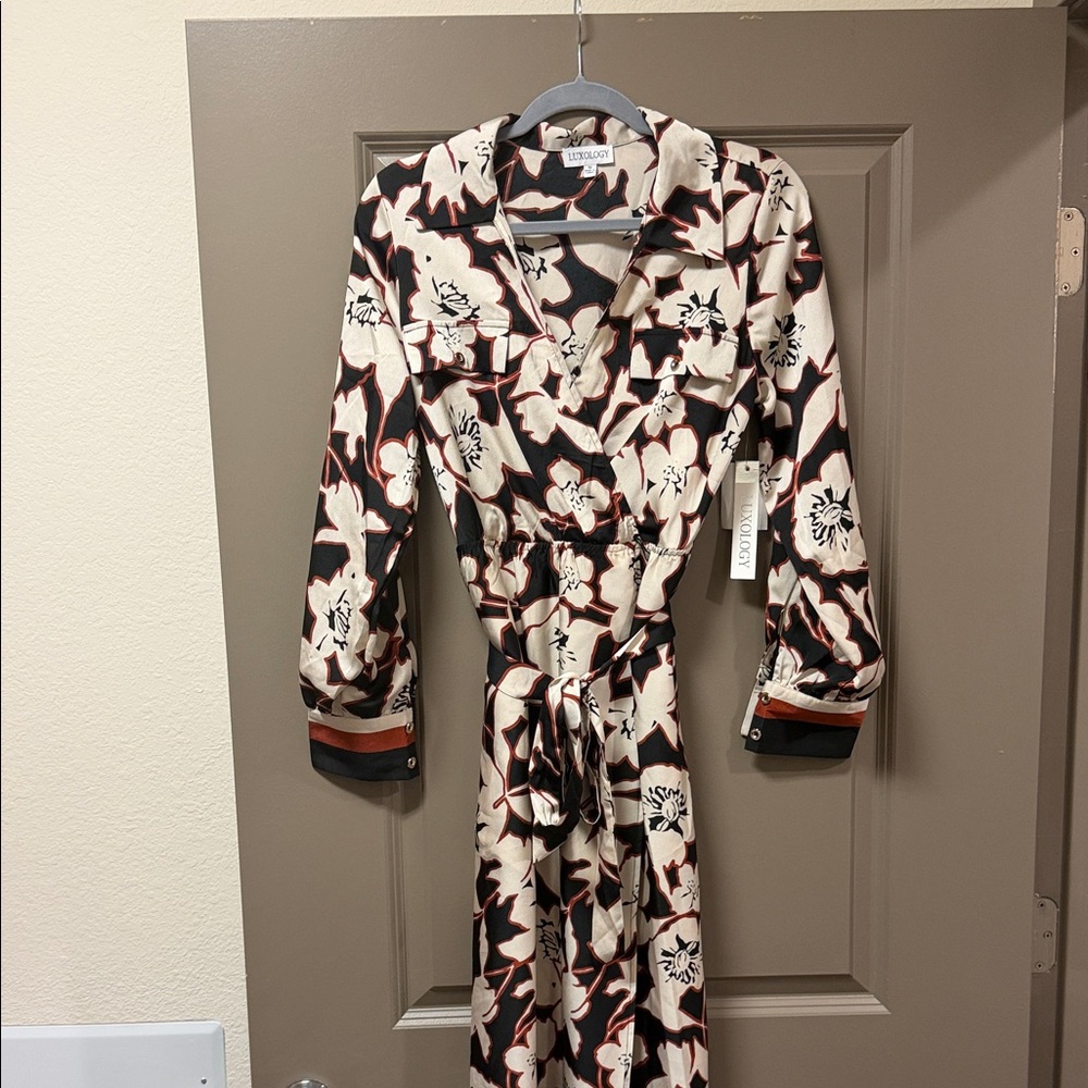 Luxology Floral Maxi Dress in Black and Cream with Rust Accents